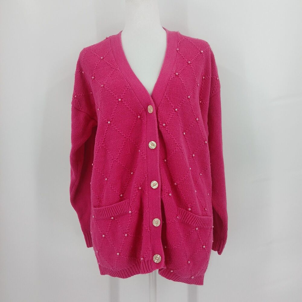 Vintage Lucia Petites Pink Chunky Knit Cardigan Sweater Pearl Buttons petite S